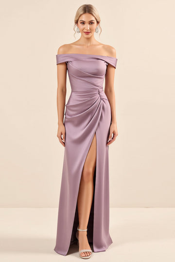 Vintage Mauve Slida Från Axeln Satin Rynkad Lång Brudtärna Klänning